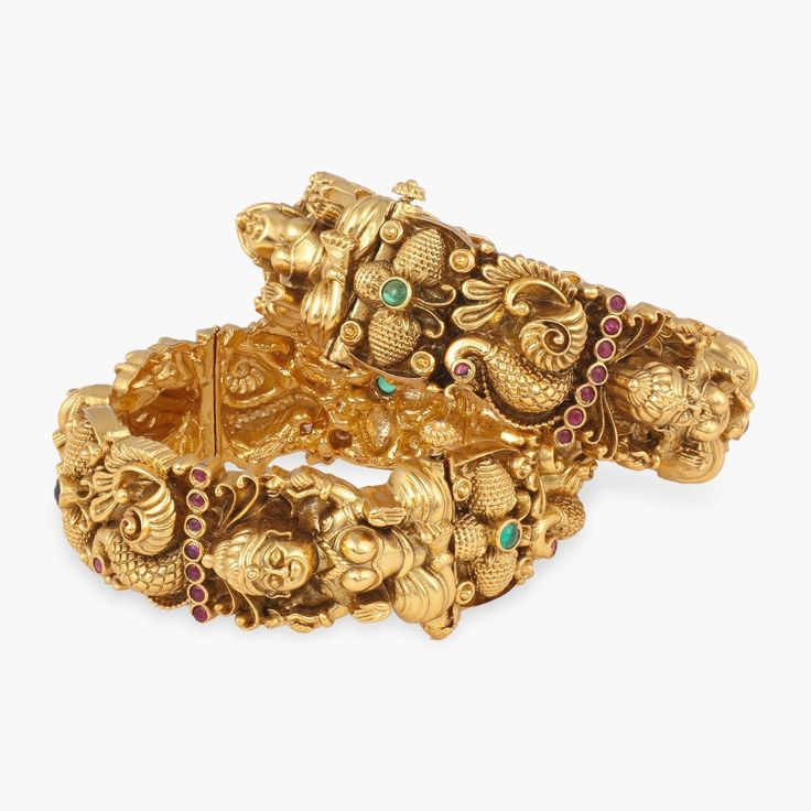 Ketaki Antique Temple Bangles Formal Yellow Gold Jewelry With Peacock Design, Formal Yellow Gold Peacock Jewelry, Formal Yellow Gold Peacock-designed Jewelry, Ornate Kundan Jewelry With Peacock Design, Gold Brass Jewelry With Peacock Design, Ornate Peacock Design Jewelry For Festive Season, Yellow Gold Peacock Design Jewelry For Festivals, Festive Brass Jewelry With Peacock Design, Elegant Brass Jewelry With Peacock Design