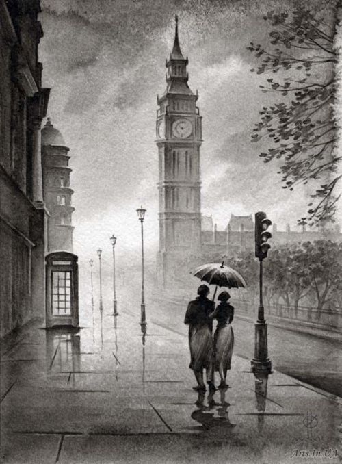 two people are walking down the street in the rain with an umbrella over their heads