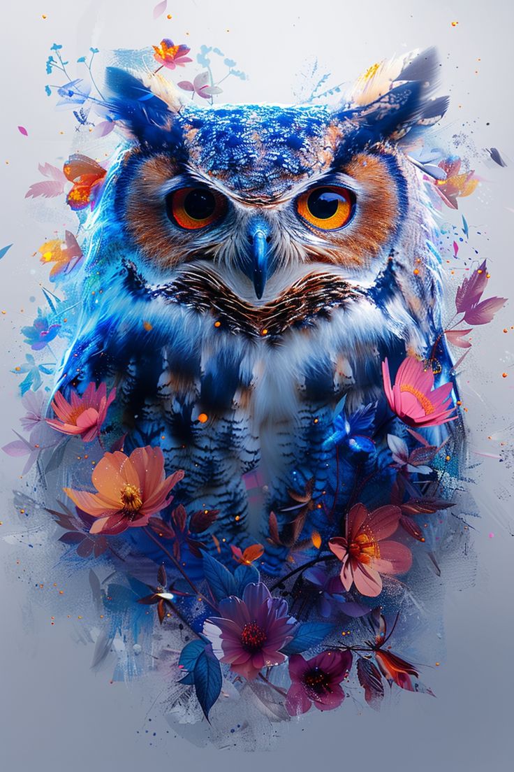 an owl with orange eyes and blue feathers is surrounded by flowers, leaves and butterflies