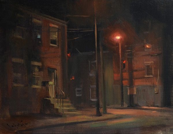 an oil painting of a city street at night with the light on and no one in it