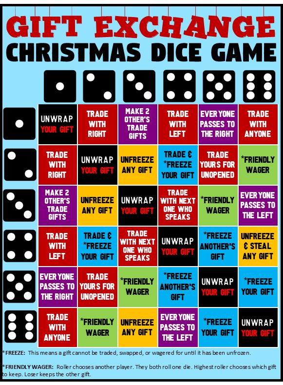 a christmas dice game poster with the words gift exchange and other items in red, yellow, blue, and green