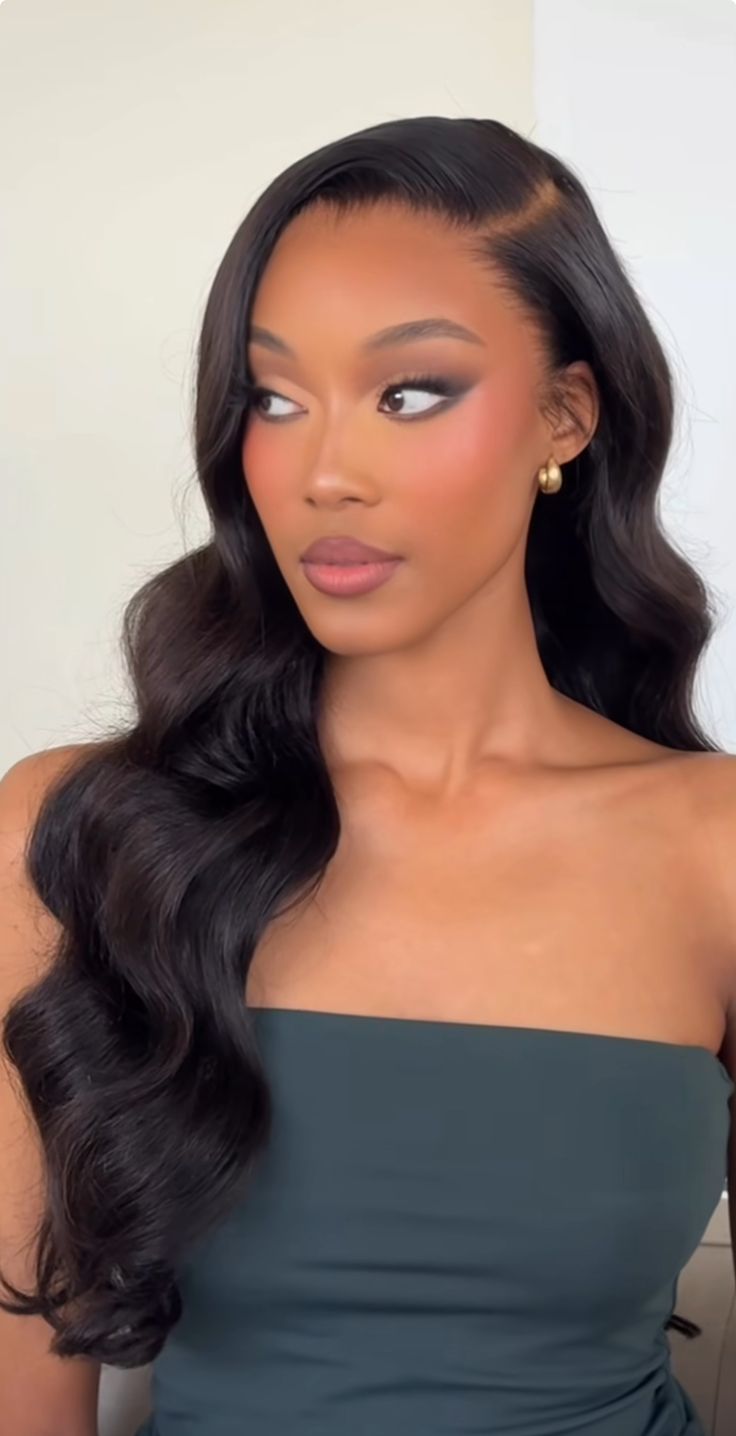 Wet Sleek Hairstyles, All Hair Down Hairstyles, Jumpsuit Hairstyles Hair, Classy Updo Black Women, Prom Hairstyles Black Women Braids, Beauty And Beau Hairstyles, Enchanted Hairstyles For Prom, Wedding Hairstyles Lace Wig, Hollywood Hair Black Women