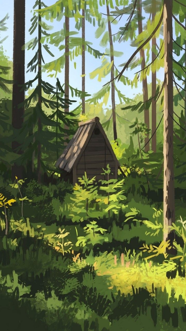 a painting of a cabin in the middle of a forest with tall trees and grass