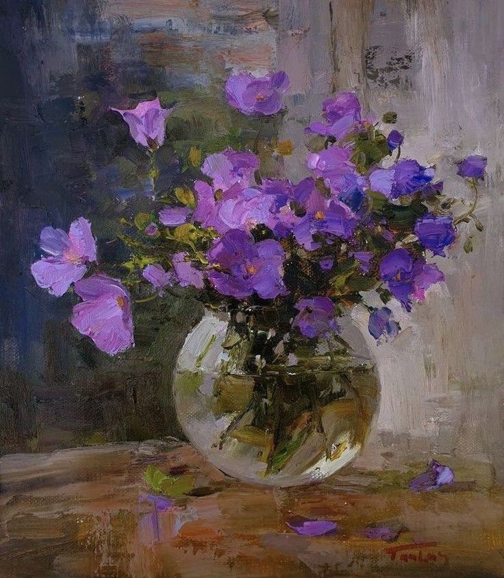 a painting of purple flowers in a glass vase