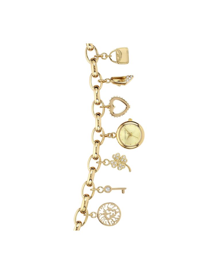 Anne Klein Gold-Tone Crystal Accented Charm Bracelet Watch Vintage Gold Charm Bracelet, Cool Watches Unique, Charm Bracelet Watch, Vintage Designer Jewelry, Diy Jewelry Unique, Vintage Charm Bracelet, Gold Charm Bracelet, Jewelry Clasps, Watch Bracelet