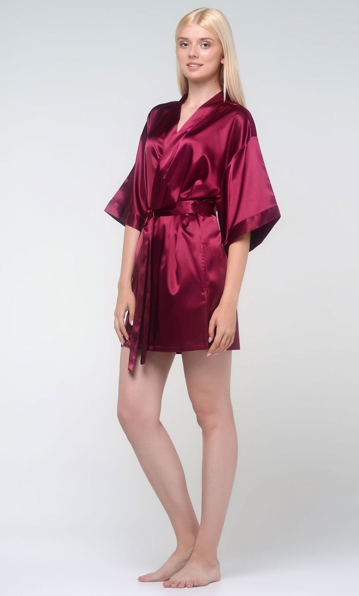 Wine Red Satin Kimono Short Robe-Robemart.com Red Silk Robe, Female Sleepwear, Wine Red Wedding, Satin Duster, Camilla Mendes, Elegant Kimono, Satin Kimono, Silk Lingerie, Satin Material