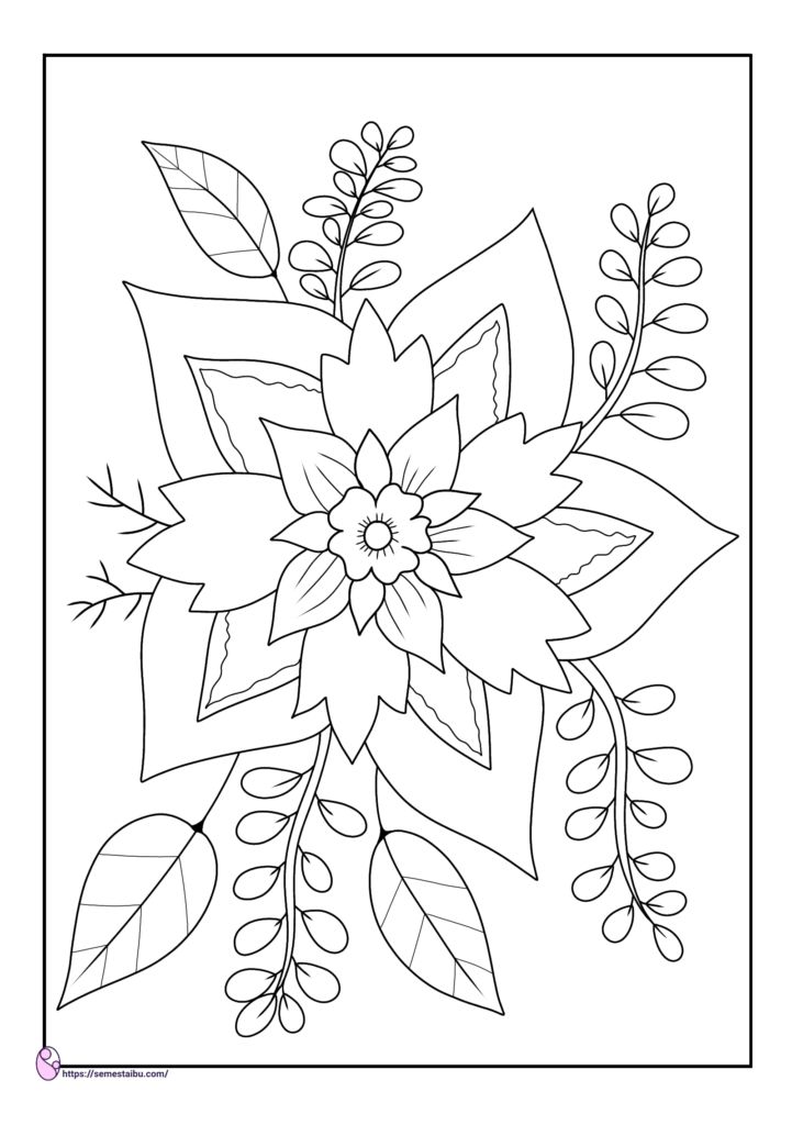 a flower with leaves and berries in the center is outlined on a white paper background