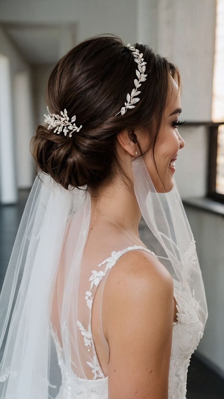 a woman in a wedding dress with a veil on her head