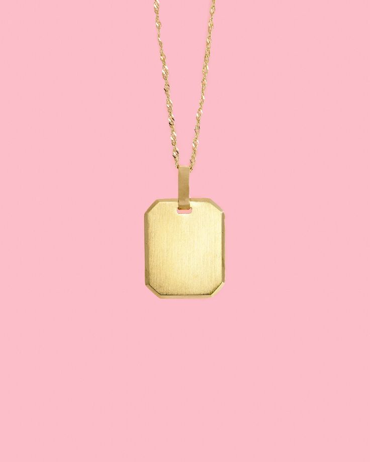 "PVLA | 14k Solid Yellow Gold Personalized Rectangular Pendant | Minimal Gold Tag Plate Pendant Charm Necklace |  * Metal: 14K Yellow Gold * Pendant Length: 17.0mm (0.7\") * Pendant Width: 12.0mm (0.5\") * Pendant Avg Weight: 1.7g * Chain Style & Length : 14k Yellow Gold 18\"  Singapore (necklace set-option) * Stamp: 14K * Complimentary Gift Box Guaranteed 14k real Gold NOT gold plated or filled. Image may be enlarged to show details. Please read description.  Return Policy  I gladly accept returns and exchanges Contact me within: 3 days of delivery Ship items back within: 7 days of delivery I don't accept cancellations But please contact me if you have any problems with your order. The following items can't be returned or exchanged Because of the nature of these items, unless they arrive Minimalist Rectangular Jewelry For Formal Occasions, Minimalist Rectangular Jewelry For Formal Events, Minimalist Rectangular Formal Jewelry, Classic Necklace With Rectangular Pendant And Delicate Chain, 14k Gold Necklace With Rectangular Pendant For Anniversary, Everyday Yellow Gold Necklaces With Rectangular Pendant, Engraved Rectangular 14k Gold Jewelry, 14k Gold Rectangular Jewelry With Delicate Chain, Classic Necklace With Rectangular Pendant And Polished Finish