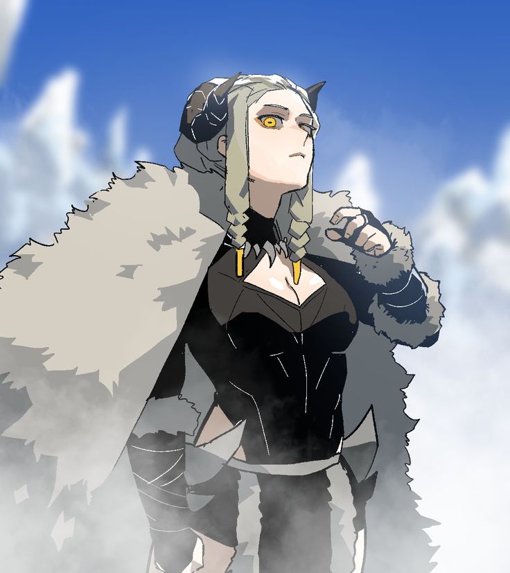 an anime character standing in the clouds with his arm around his shoulders and wearing a fur coat