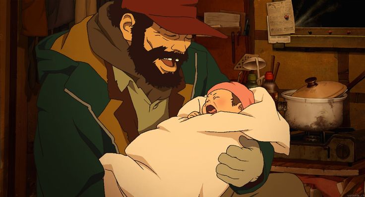 an animated image of a man holding a baby