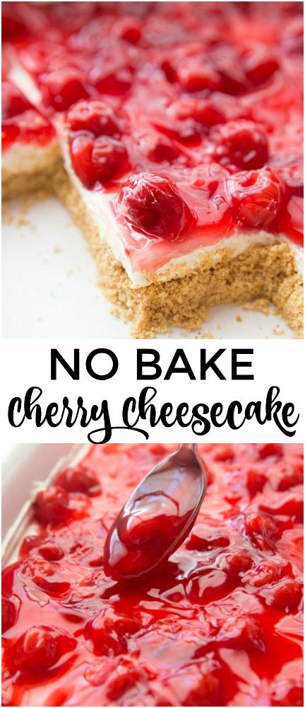 no bake cherry cheesecake on a plate with a spoon in it and the words, no bake cherry cheesecake