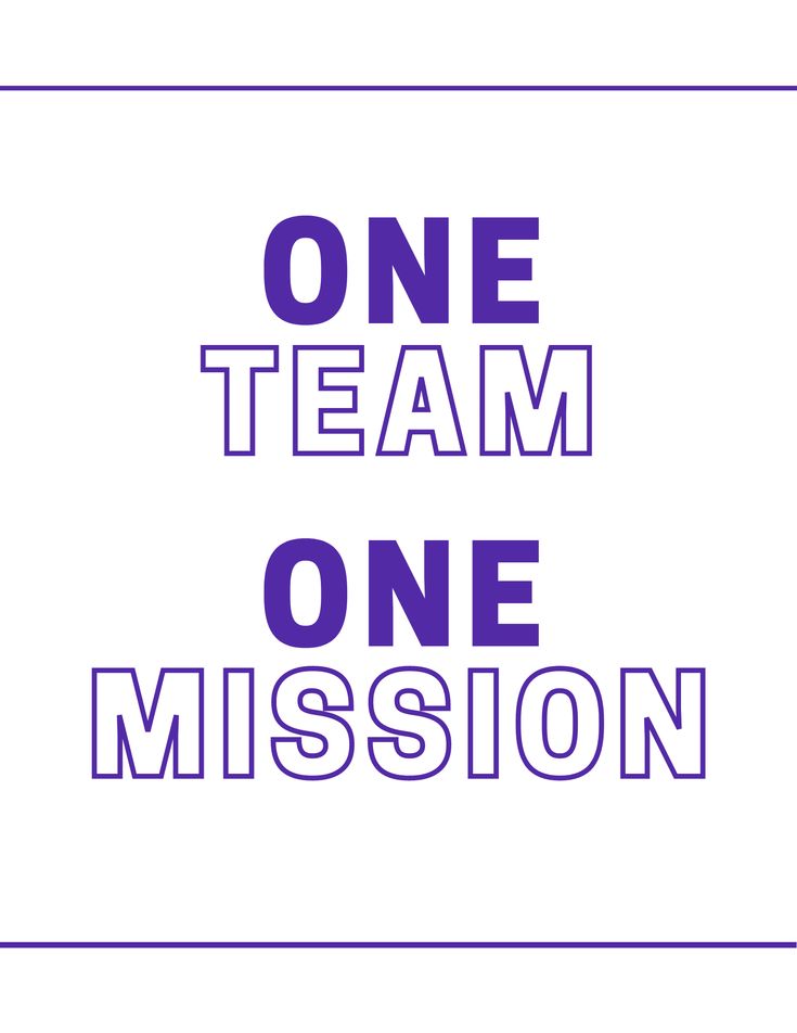 the words one team, one mission are shown in purple and blue on a white background