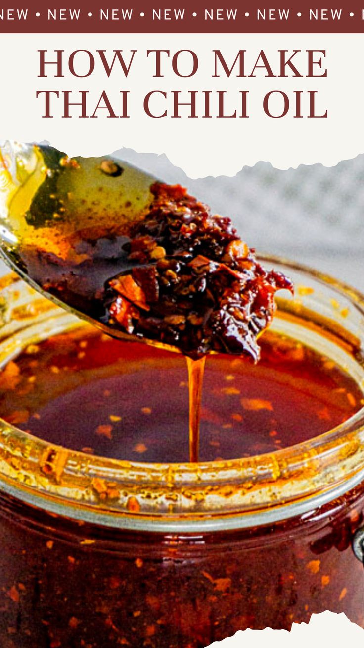 the cover of how to make thai chilli oil, with a spoon full of sauce