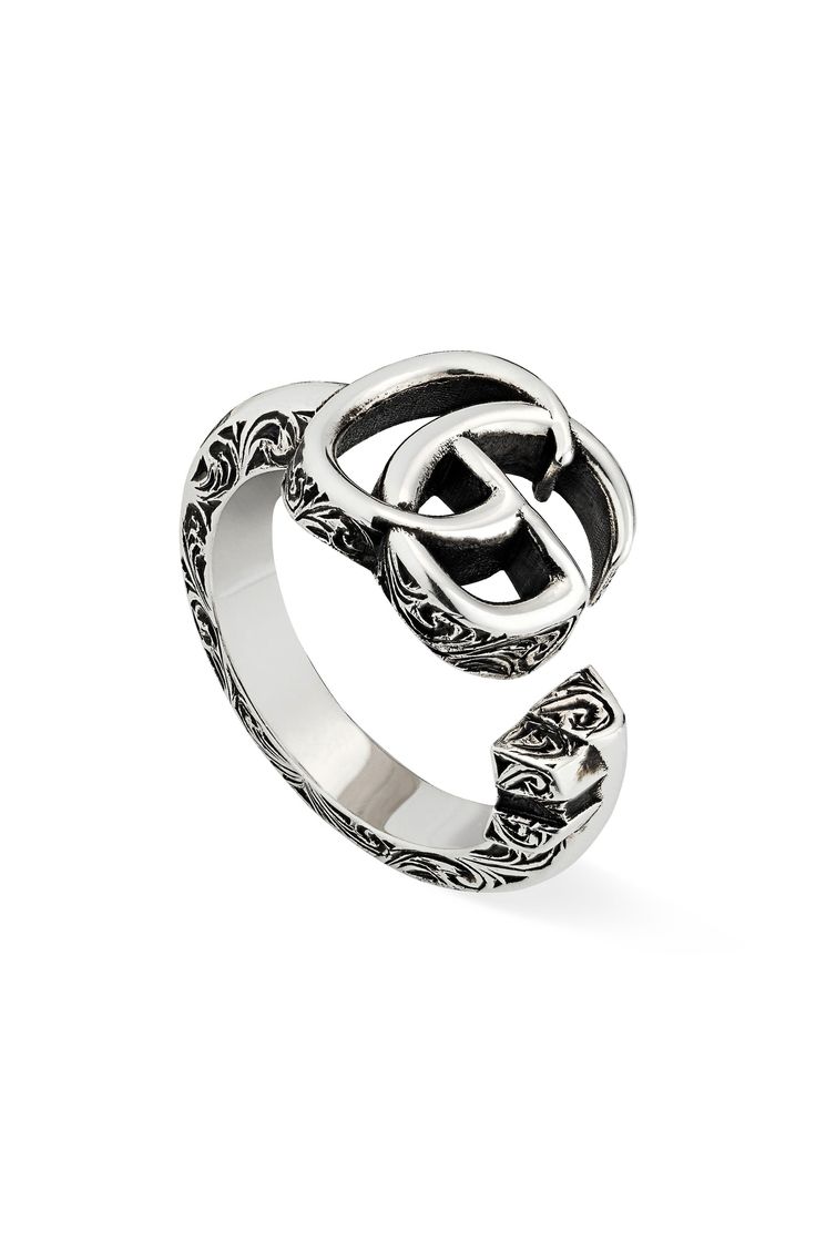 A prominent logo tops this open sterling silver ring that's richly textured with filigree engraving. Style Name:Gucci Gg Ring. Style Number: 6134028. Available in stores. Yellow Gold Diamond Earrings, Gucci Rings, Gucci Jewelry, Gucci Gg Marmont, Cuff Rings, Gold Diamond Earrings, Gg Marmont, Yellow Gold Bracelet, Arabesque