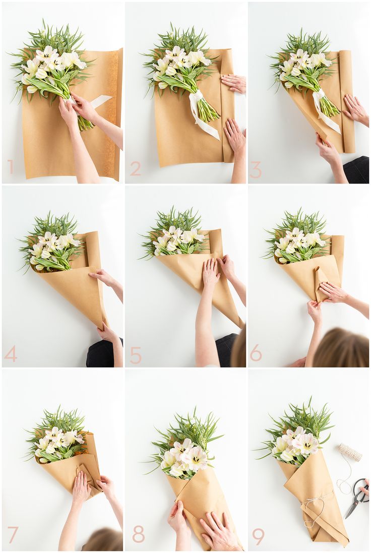 step by step instructions on how to wrap a flower bouquet in brown paper with white flowers