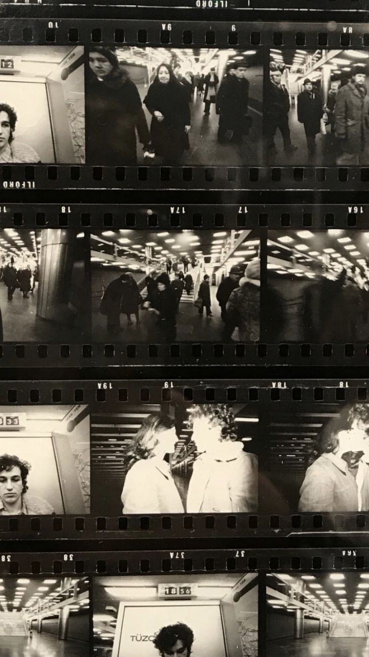 several black and white photographs of people standing in front of a building with lights coming from them