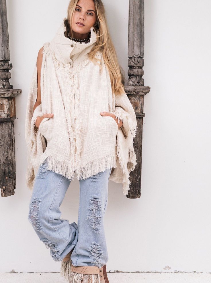 Bohemian High Neck Poncho Jacket | Festival Women Outfit | Boho Women Poncho Coat  Off White High Neck Jacket, Burning Man Clothing, Boho Coat, Poncho Coat, Boho Clothes, Kimono Coat, Burning Man Outfits, Man Clothing, Boho Style Outfits