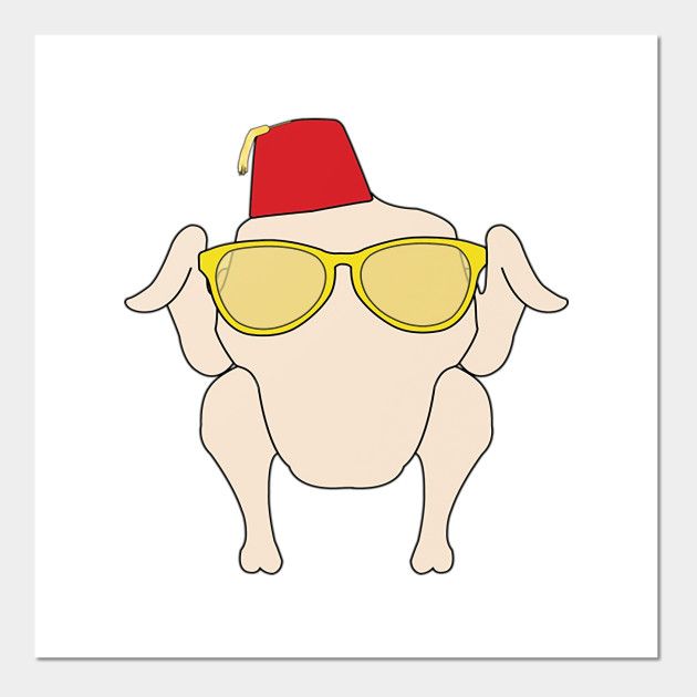 a drawing of a dog wearing sunglasses and a red hat with yellow glasses on it's head