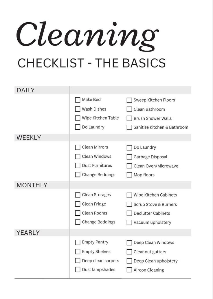 the cleaning checklist is shown in black and white