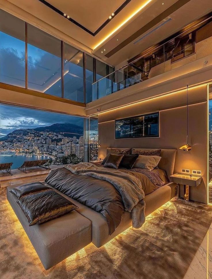 a large bed sitting in the middle of a bedroom next to a window with city lights on it