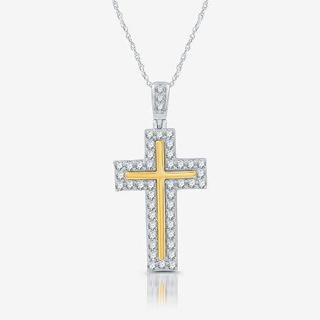 Features: Religious JewelryDiamond Clarity: I3Jewelry Closure: Spring Ring ClaspSetting: Multi-SettingShape: CrossStone Cut: RoundDiamond Color: I-JMetal Color: Two ToneChain Length: 18 InchRounded Carat Weight: 3/4 Ct. T.w.Chain Construction: RopeCare: Wipe CleanStone Type: 45 Natural DiamondAuthenticity: Natural DiamondBirthstone: April BirthstoneMetal: Sterling Silver, 14k Gold Over SilverNecklace Type: Pendant NecklacesCountry of Origin: Imported 14k Gold Cross Jewelry In White, White 14k Gold Cross Jewelry, White Diamond Accented Crucifix Jewelry, White Diamond Crucifix Necklace, White Crucifix Necklace In Fine Jewelry Style, White Crucifix Necklace Fine Jewelry, White Crucifix With Diamond Accents Jewelry, White Crucifix With Diamond Accents, White Vvs Clarity Cross Necklace For Anniversary