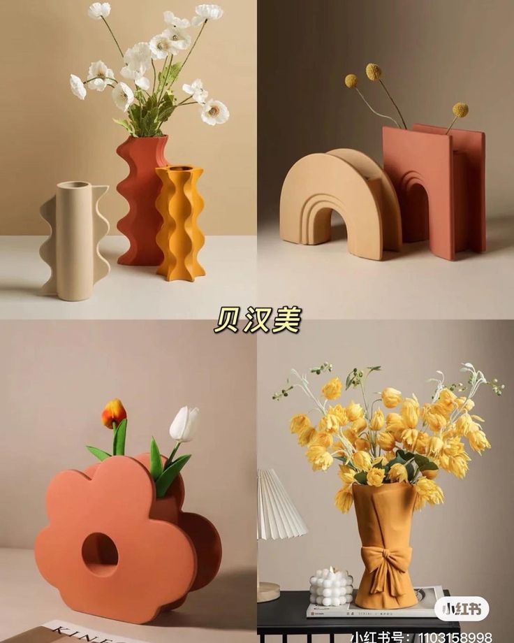 four different vases with flowers in them on the same table and one is made out of cardboard