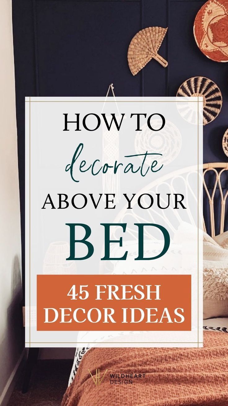 a bed with the words how to decorate above it and an orange pillow on top