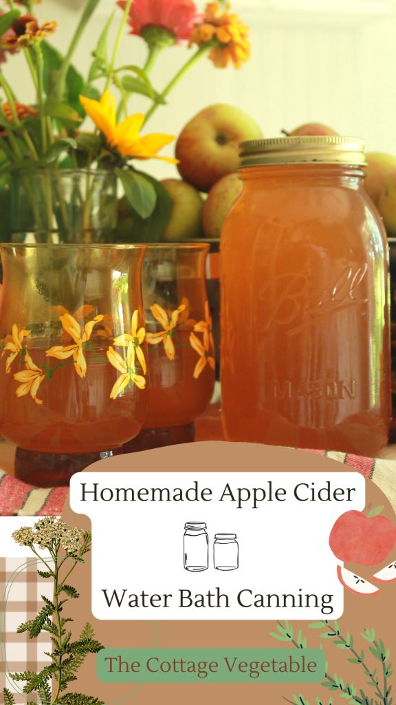 homemade apple cider water bath canning with the cottage vegetables logo on it