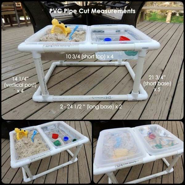 three pictures showing the different stages of playing with sand and water in an outdoor play table