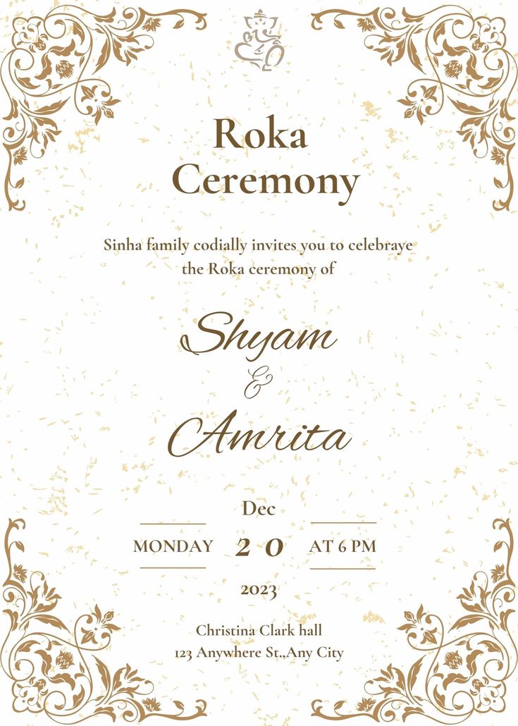 Golden Roka ceremony invitation Roka Invite Ideas, Roka Invitation Card Design, Friends Invitation Card For Wedding, Engagement Card Design Invitation Ideas, Roka Ceremony Invitation Card, Roka Invitation, Roka Ceremony Outfits, Indian Engagement Invitation, Shaadi Vibes