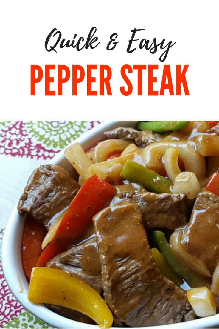 a white bowl filled with meat and vegetables on top of a colorful table cloth next to the words quick & easy pepper steak