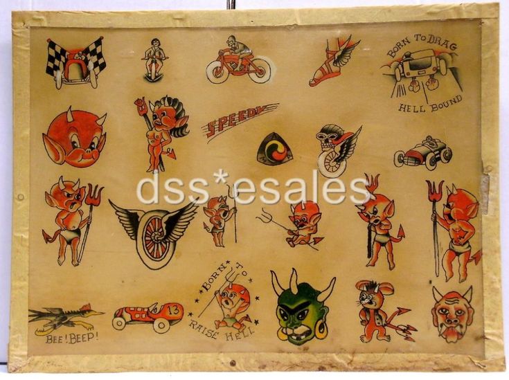 an old wooden sign with various tattoos on it