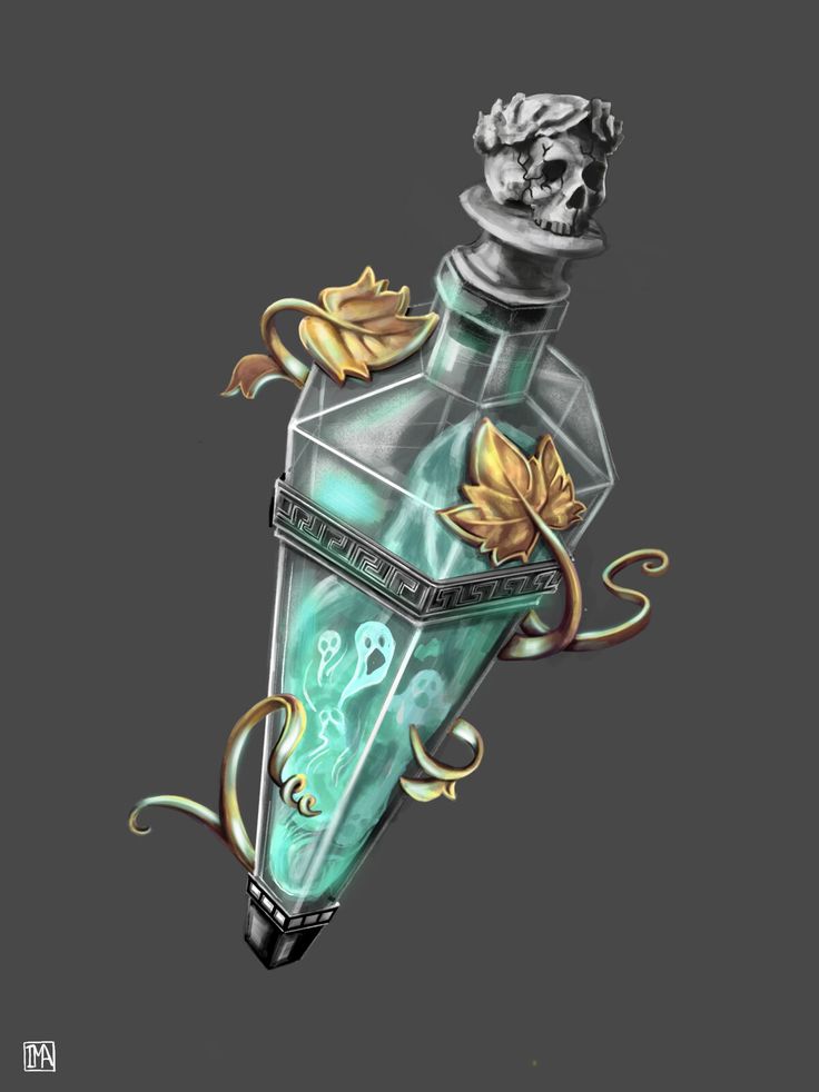 a green glass bottle with gold leaves on it and a skull sticking out of the top