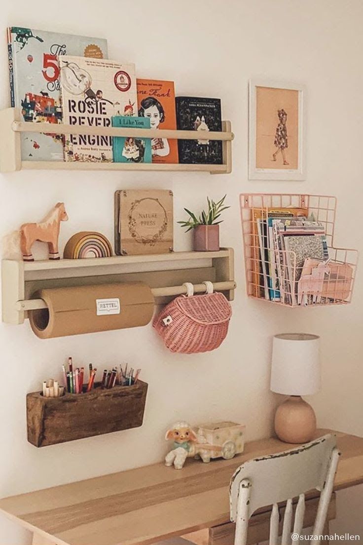 a desk with some books and pictures on the wall above it, along with other items