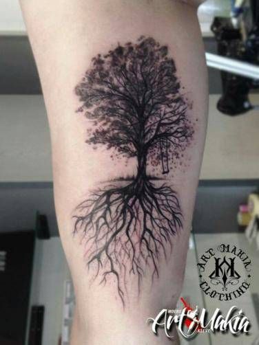 a black and white tree with roots tattoo on the leg by art makaa