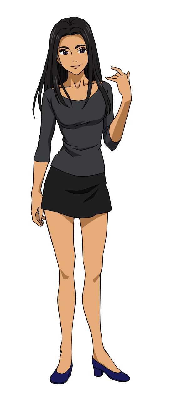 an anime character with long black hair wearing a short skirt and high heeled shoes