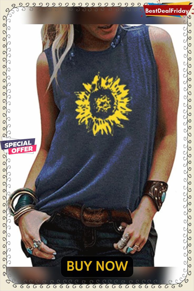 Sunflower Printed Tank Shirt Sleeveless Outfit, Sunflower Print, Vest Fashion, Sleeveless Vest, Tank Top Cami, Printed Tank Tops, Print Tank, Sleeveless Tank Top, Sleeveless Tank