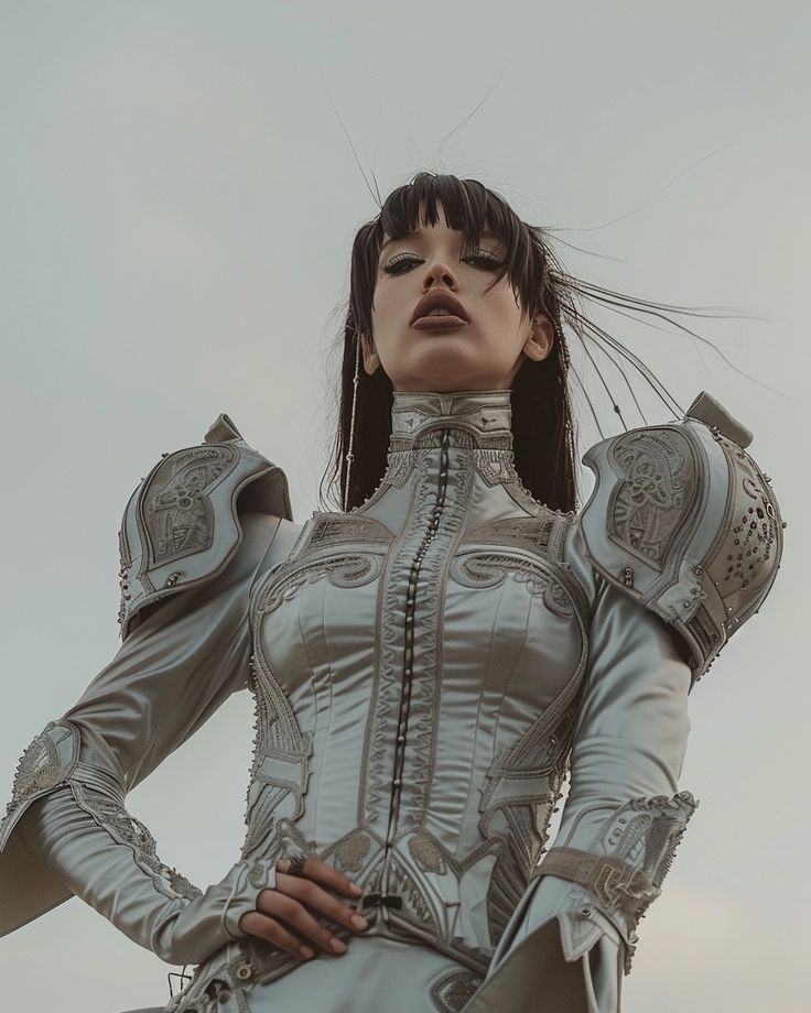 a woman with long black hair wearing a silver outfit and holding her hands on her hips