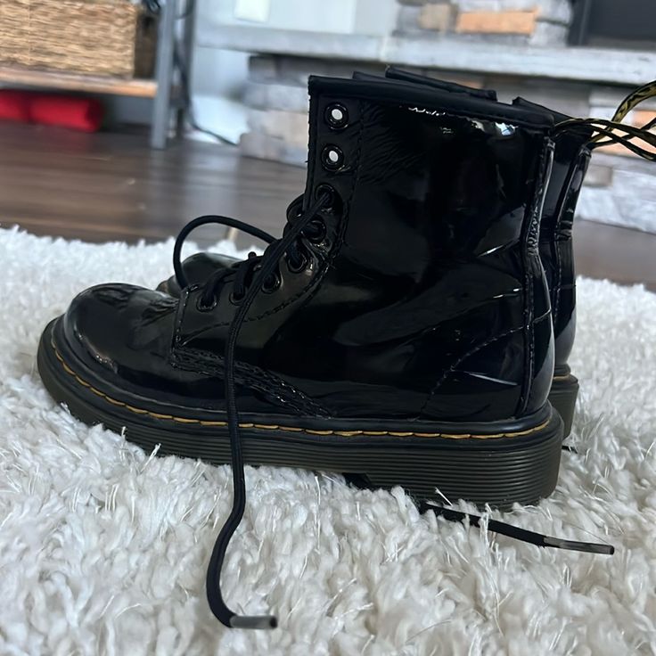 Brand New, Us Size 12 In Little Kids. Very Good Material, Great Leather. Black Round Toe Boots For School, School Boots For Fall With Round Toe, Black Patent Leather Boots With Round Toe, Patten Leather Boots, Kids Black Boots, Doc Martens Black, White Dr Martens, Black Patent Leather Boots, Flower Boots