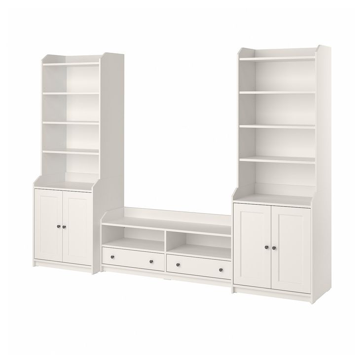 a white bookcase with drawers and shelves