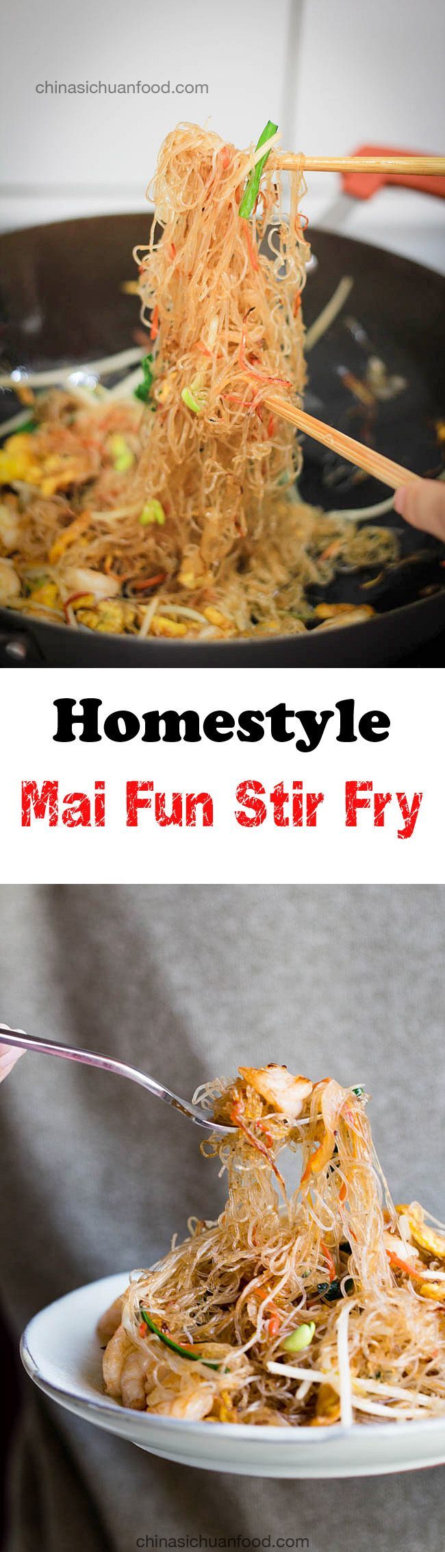 someone is eating some noodles with chopsticks on the plate and another image has text overlay that reads, honestyie mai fun stir fry