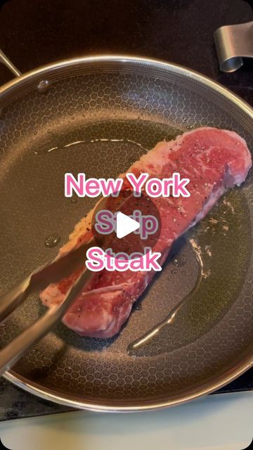 a steak being cooked in a frying pan with the words new york stop steak