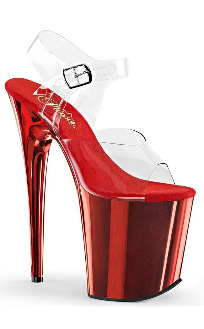 FLAMINGO-808 Clear & Red Chrome Heels-Pleaser-Tragic Beautiful Clear Sandals, Pink Chrome, Pleaser Shoes, Super High Heels, Clear Heels, Platform High Heels, Pole Dance, Pole Dancing, Ankle Strap Sandals