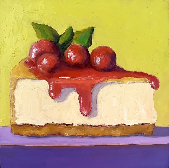 a painting of a piece of cake with cherries on top