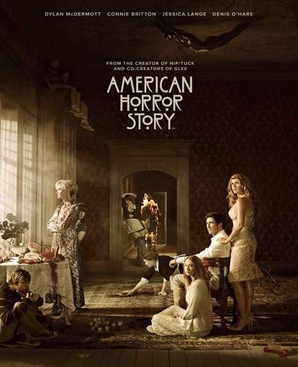 an american horror story movie poster with people sitting around the table and on the floor