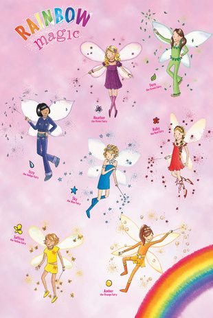 the rainbow magic poster is shown with many different fairy characters and their names on it