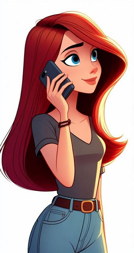 a woman with long red hair talking on a cell phone while holding a smart phone to her ear