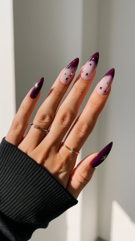 Plum Nail Art Design, Plum Purple Acrylic Nails, Deep Purple Nail Art, Dark Purple Fall Nails Designs, Dark Purple Witchy Nails, Deep Purple Fall Nails, Purple Initial Nails, Plum Nails Design, Dark Purple Ombré Nails