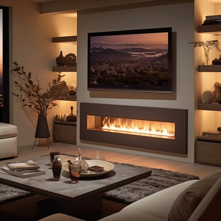 a living room with a fire place in the center and a large window on the wall